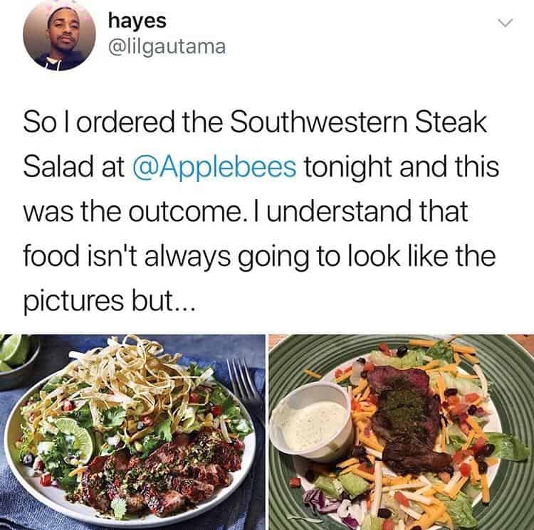 Comparison of a vibrant Applebee’s steak salad advertisement versus a sparse, unappealing actual meal.