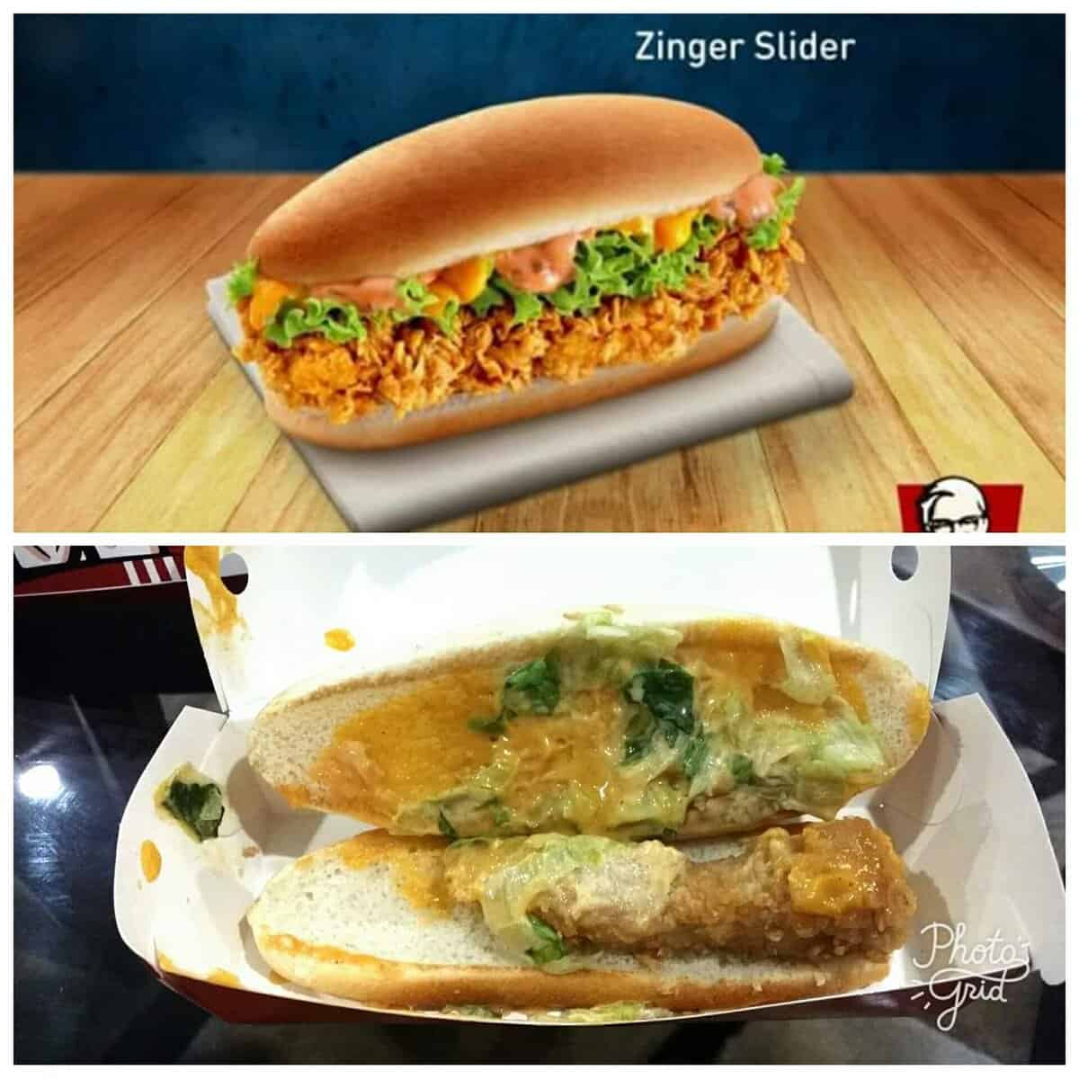 A KFC Zinger Slider advertisement featuring a thick chicken breast versus a messy, sauce-covered reality.