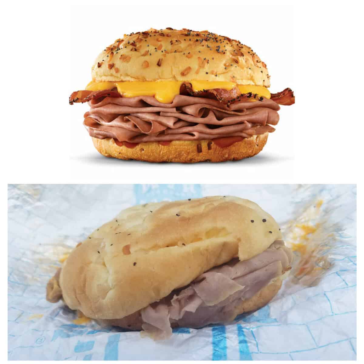 Advertisement for an Arby’s roast beef sandwich compared to a flat, squished version in foil.