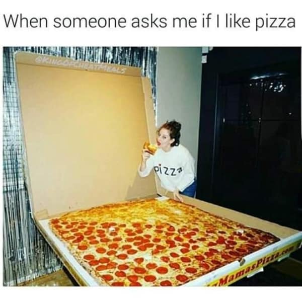 Woman leaning into a massive oversized pizza box taking a huge bite. A relatable food meme perfectly capturing a total obsession with Italian takeout.