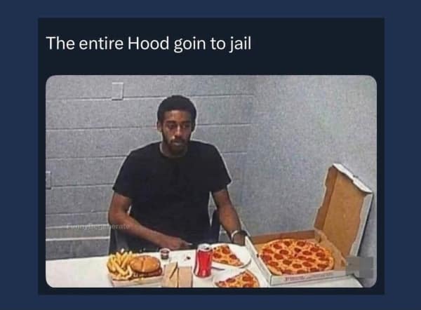 Suspect in a police interrogation room sitting in front of a massive feast of pizza and burgers. Savage food memes joking about snitching on the entire neighborhood for a good meal.