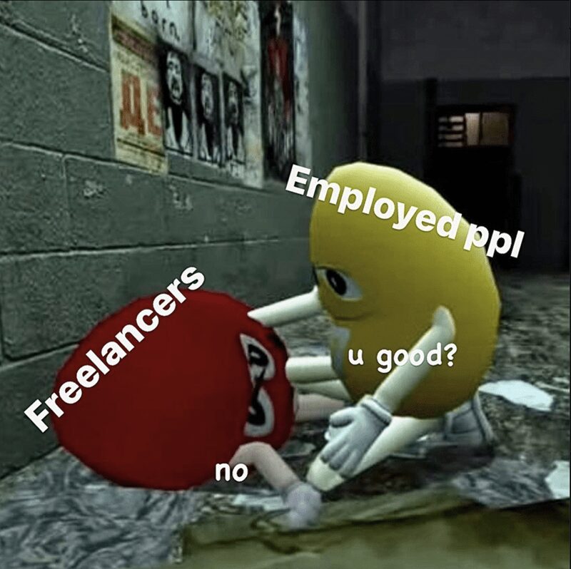 Yellow M&M character asking a fallen red M&M representing freelancers if they are good.