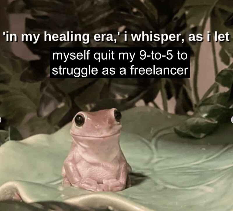 Small frog on a leaf with text about quitting a 9-to-5 to struggle as a freelancer.