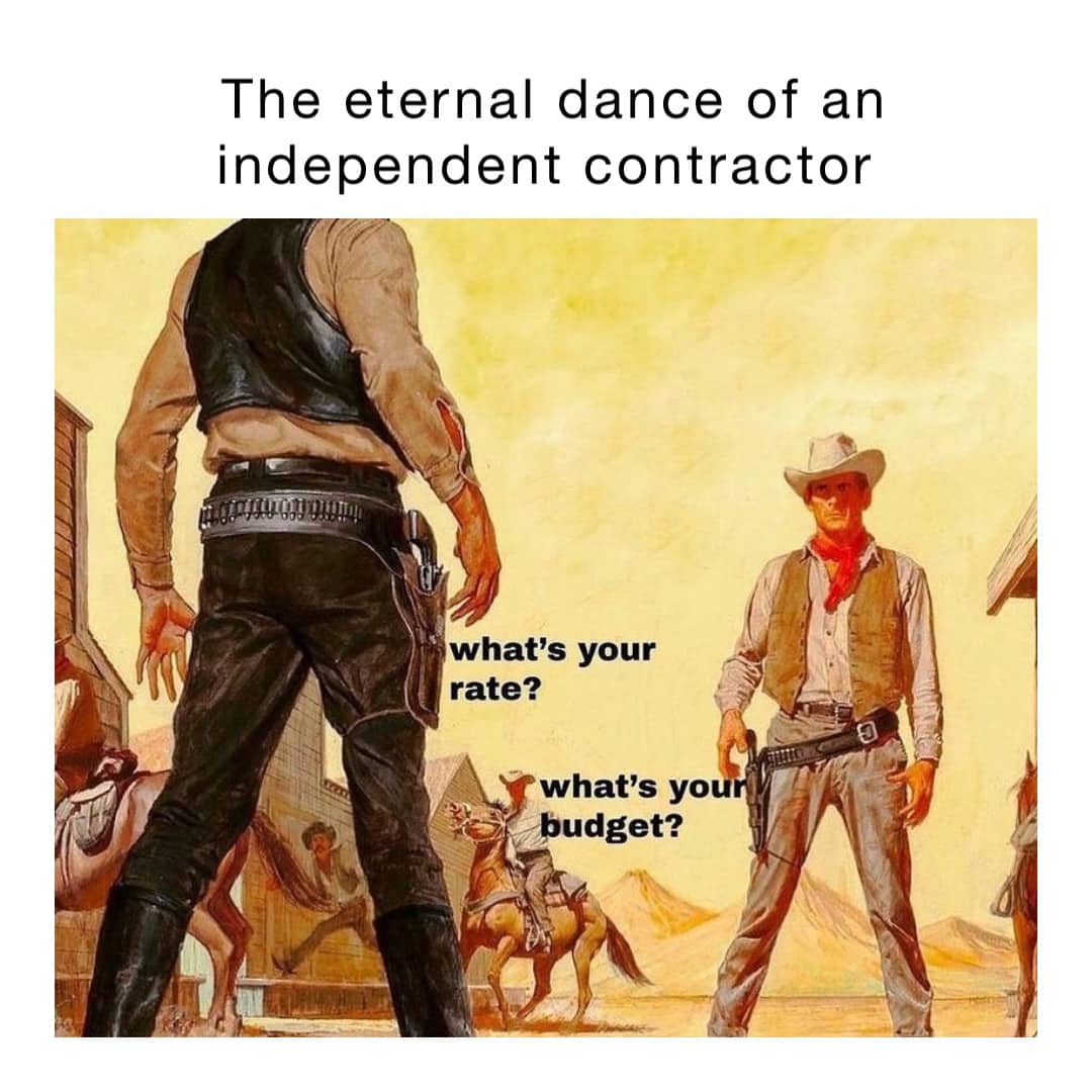 Western standoff illustration with text about the dance of asking for rates versus budgets.