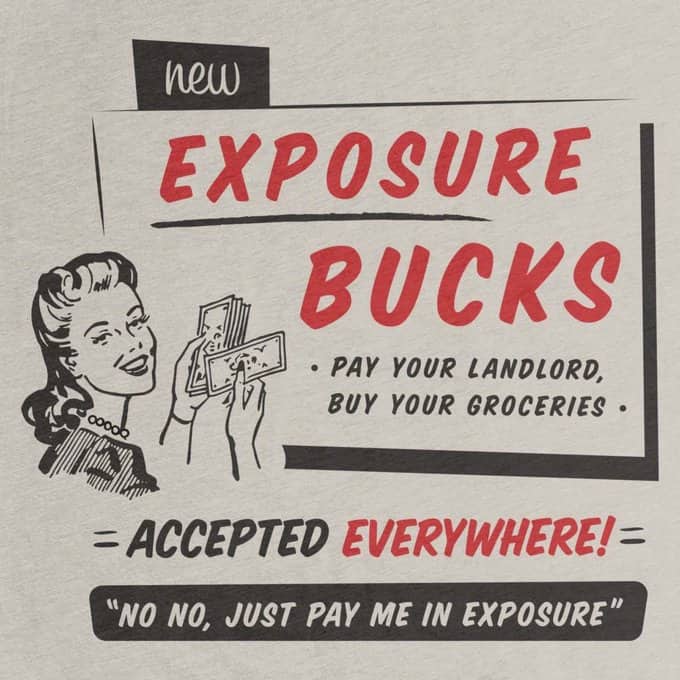 Vintage style ad for Exposure Bucks claiming they can pay rent and buy groceries.