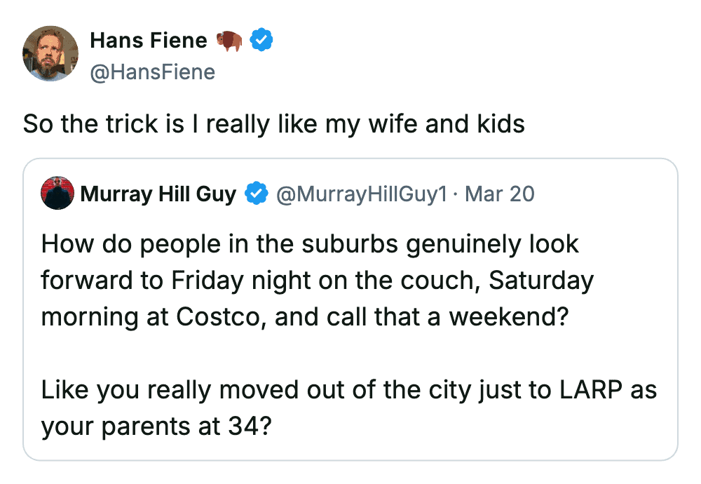 A wholesome response to a cynical tweet about suburban weekends involving Costco and the couch.