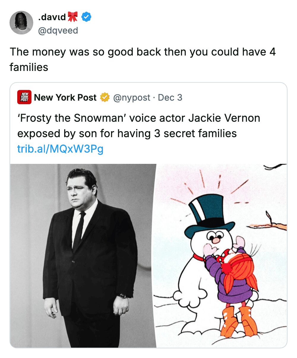 Twitter post about Frosty the Snowman's voice actor having secret families with a joke about inflation.