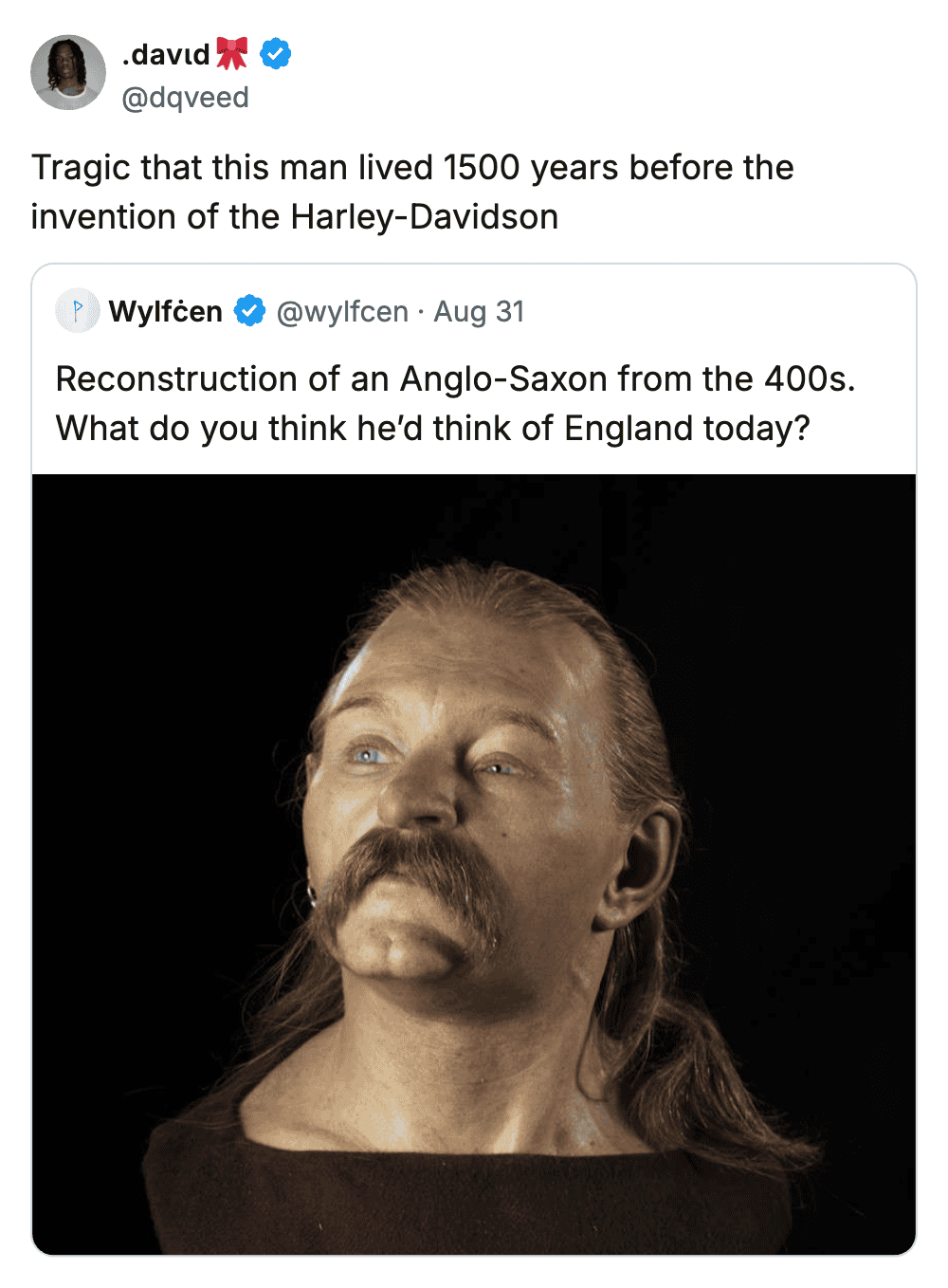 Humorous reconstruction of an Anglo-Saxon man with a mustache compared to a Harley-Davidson motorcycle fan.