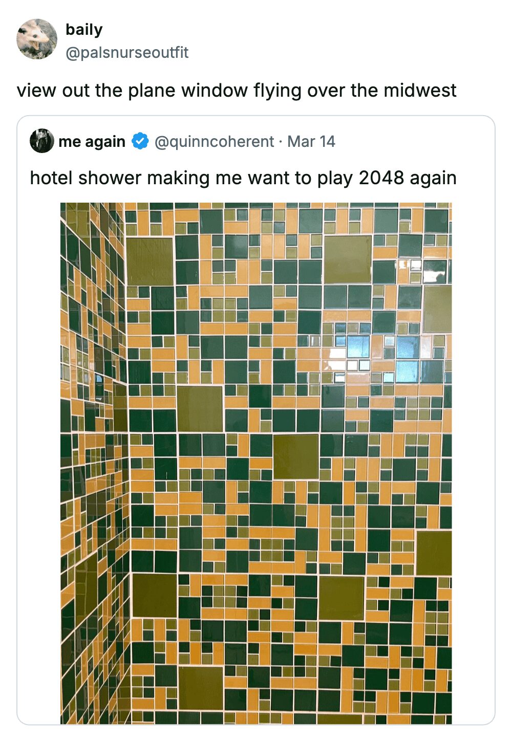 A green and yellow tiled hotel shower wall compared to the 2048 game and Midwest landscapes.