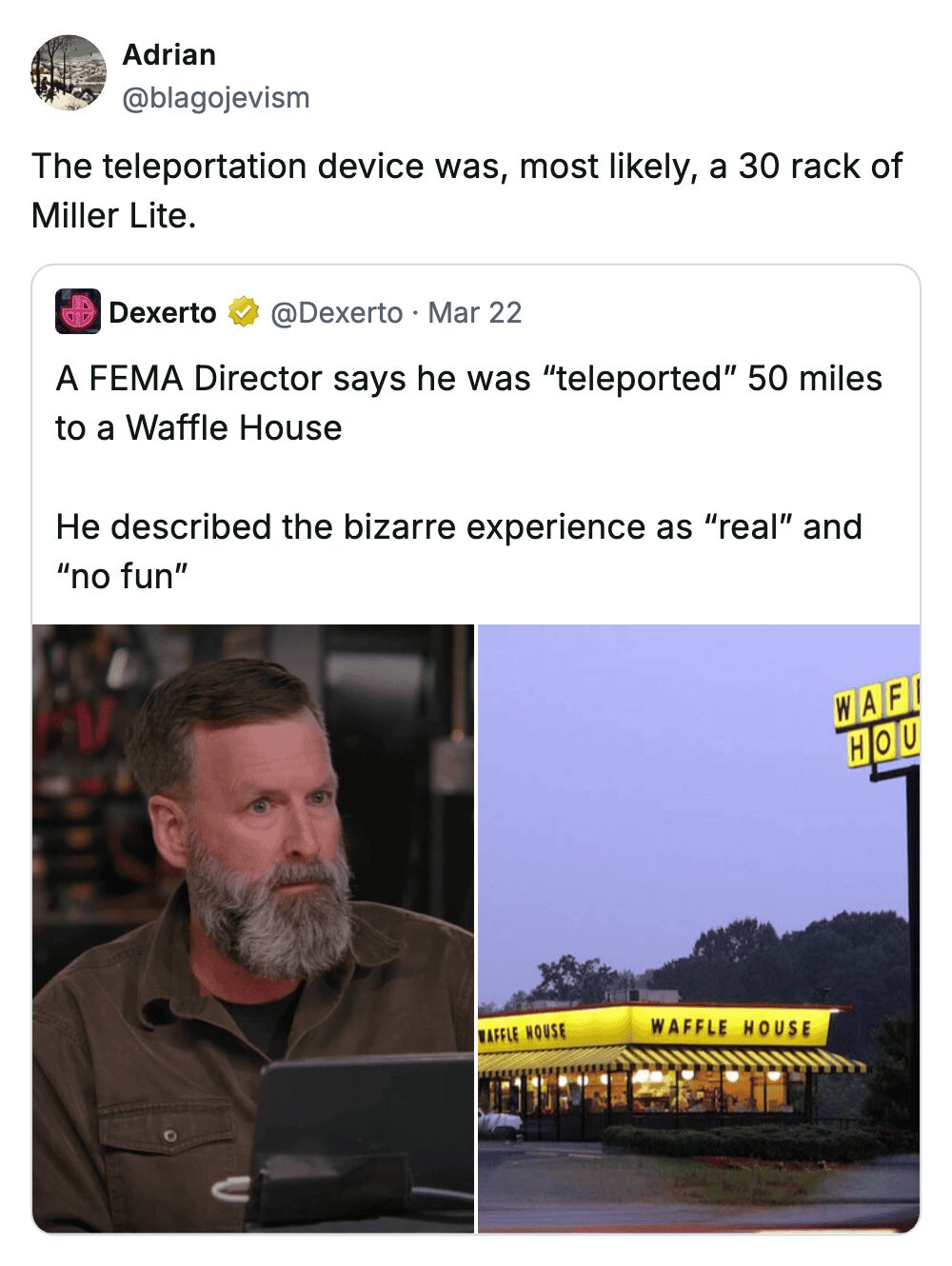 Social media post about a FEMA Director's teleportation claim with a joke about Miller Lite beer.