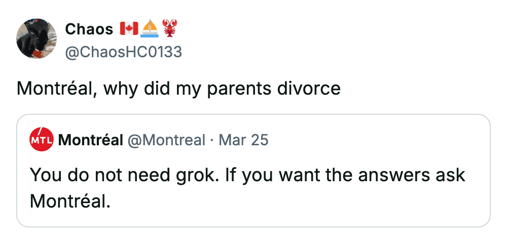 Twitter user asking the city of Montréal for personal life answers after a cryptic city tweet.