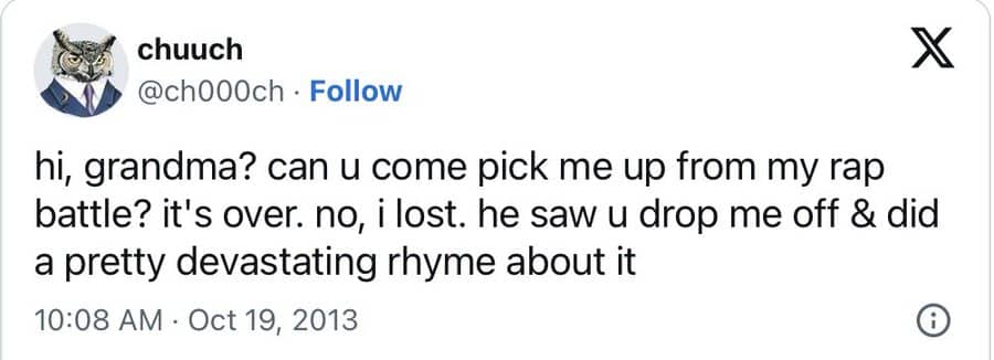 Chuuch tweet about a grandson needing a ride home after losing a rap battle.