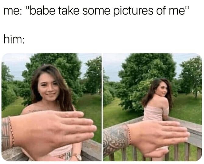This relatable body positivity meme captures the struggle of asking a partner for a photoshoot, only for him to hilariously block the entire shot with his hand.