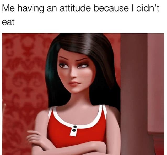 A humorous funny body positive meme using the annoyed face of Midge from the Barbie animated series to describe the "hangry" attitude that comes from skipping a meal.