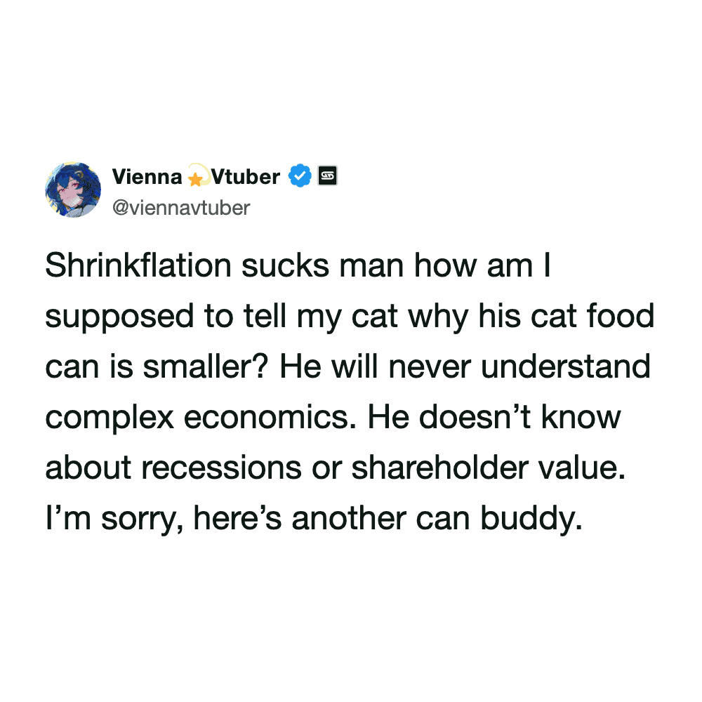 relatable funny cat meme tweet from Vienna VTuber lamenting the struggle of shrinkflation, specifically the difficulty of explaining to a cat why his food can is smaller despite him knowing nothing of complex economics.