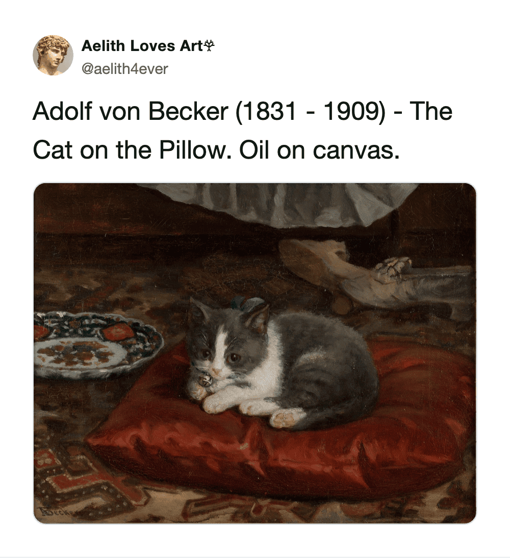 Bringing fine art into the funny cat meme world, this tweet showcases a 19th-century oil painting by Adolf von Becker titled "The Cat on the Pillow," featuring a tiny, wide-eyed grey and white kitten nestled on a plush red velvet cushion.
