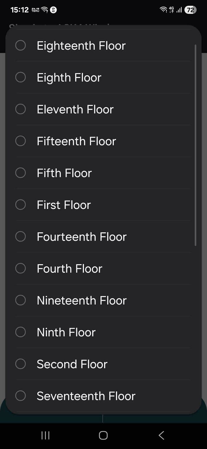 digital UI funny fail featuring a mobile app's floor-selection dropdown menu. Instead of numerical order, the list is sorted alphabetically, forcing users to scroll past "Eighteenth" and "Eighth" to find the "First Floor."