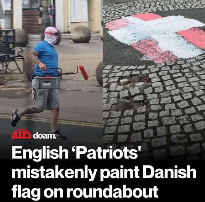 A political funny fail captured in a split image. An English "patriot" running with a paint roller attempted to paint the red-and-white Cross of Saint George on a roundabout, but instead painted a perfect replica of the Danish flag.
