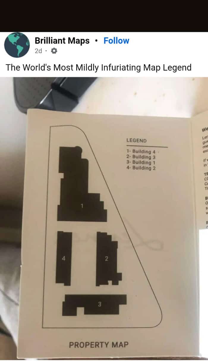 The "World's Most Mildly Infuriating Map Legend" funny fail. The property map legend lists "1- Building 4, 2- Building 3, 3- Building 1, 4- Building 2," making it nearly impossible to quickly identify any of the four buildings.