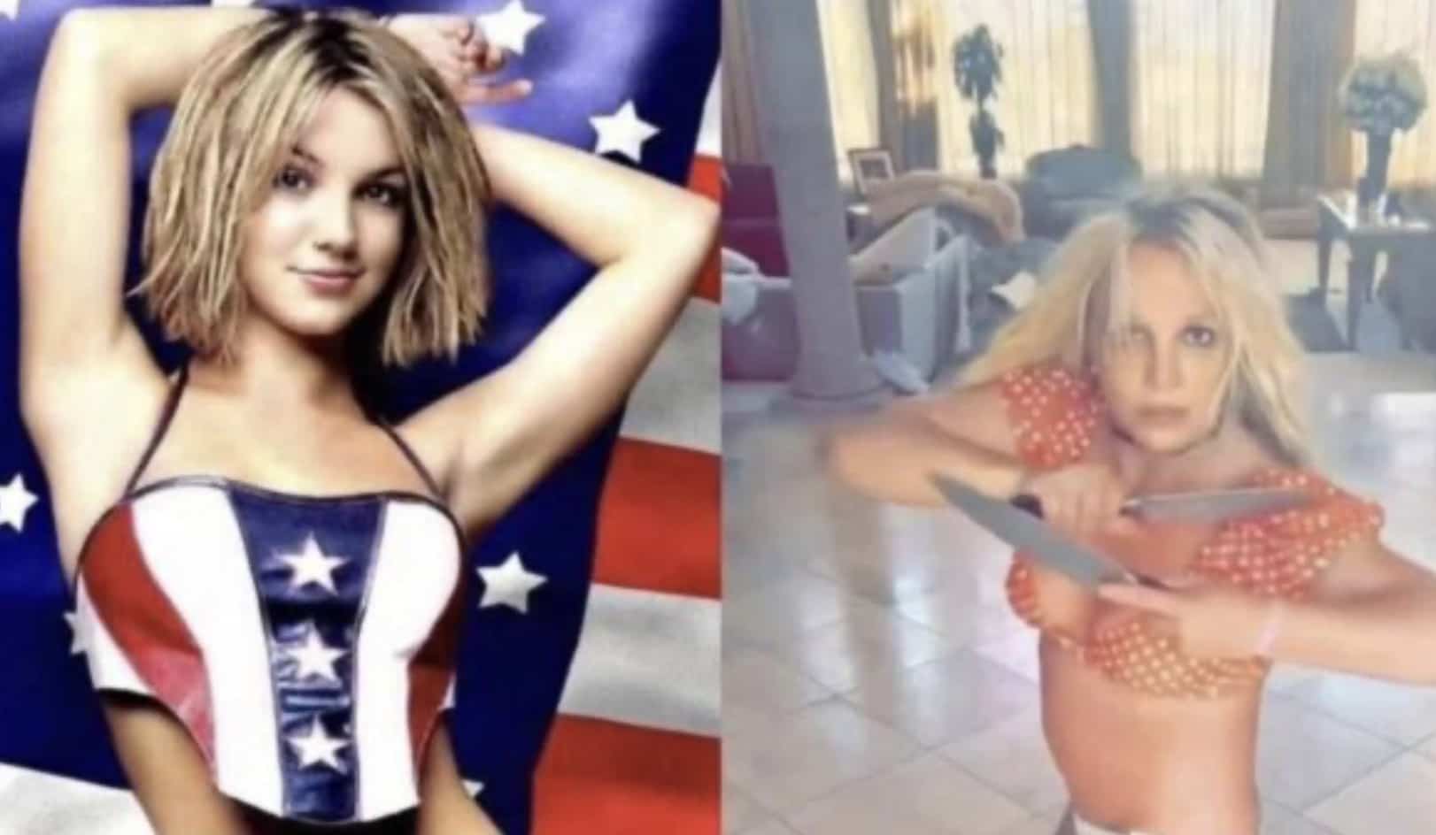 Side-by-side comparison of Britney Spears from a vintage photoshoot and her viral knife dance video.