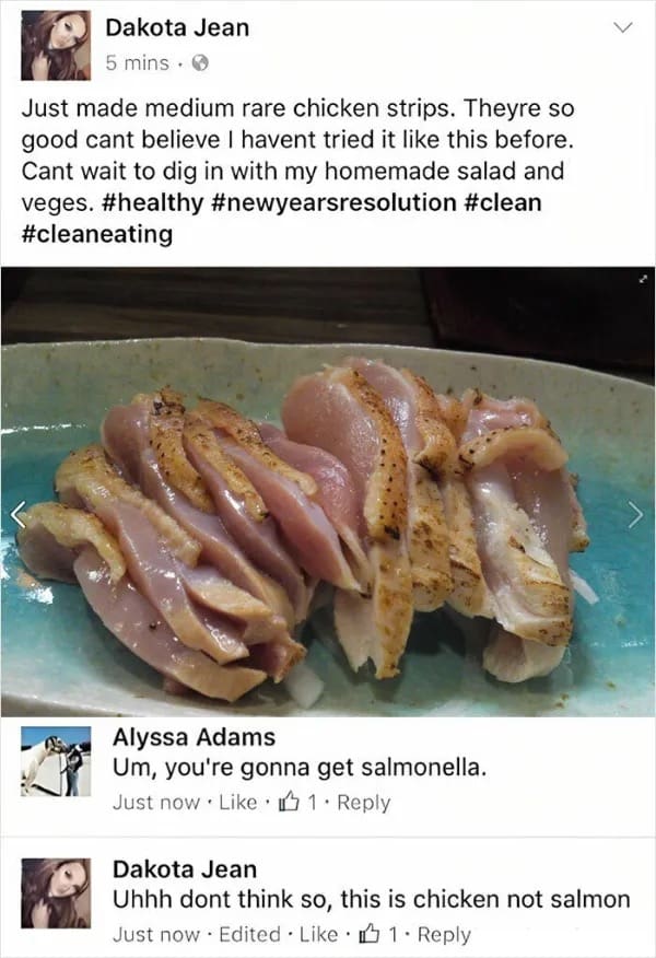 Hilarious social media fail showing raw chicken strips with a user confusing salmonella poisoning with salmon fish.