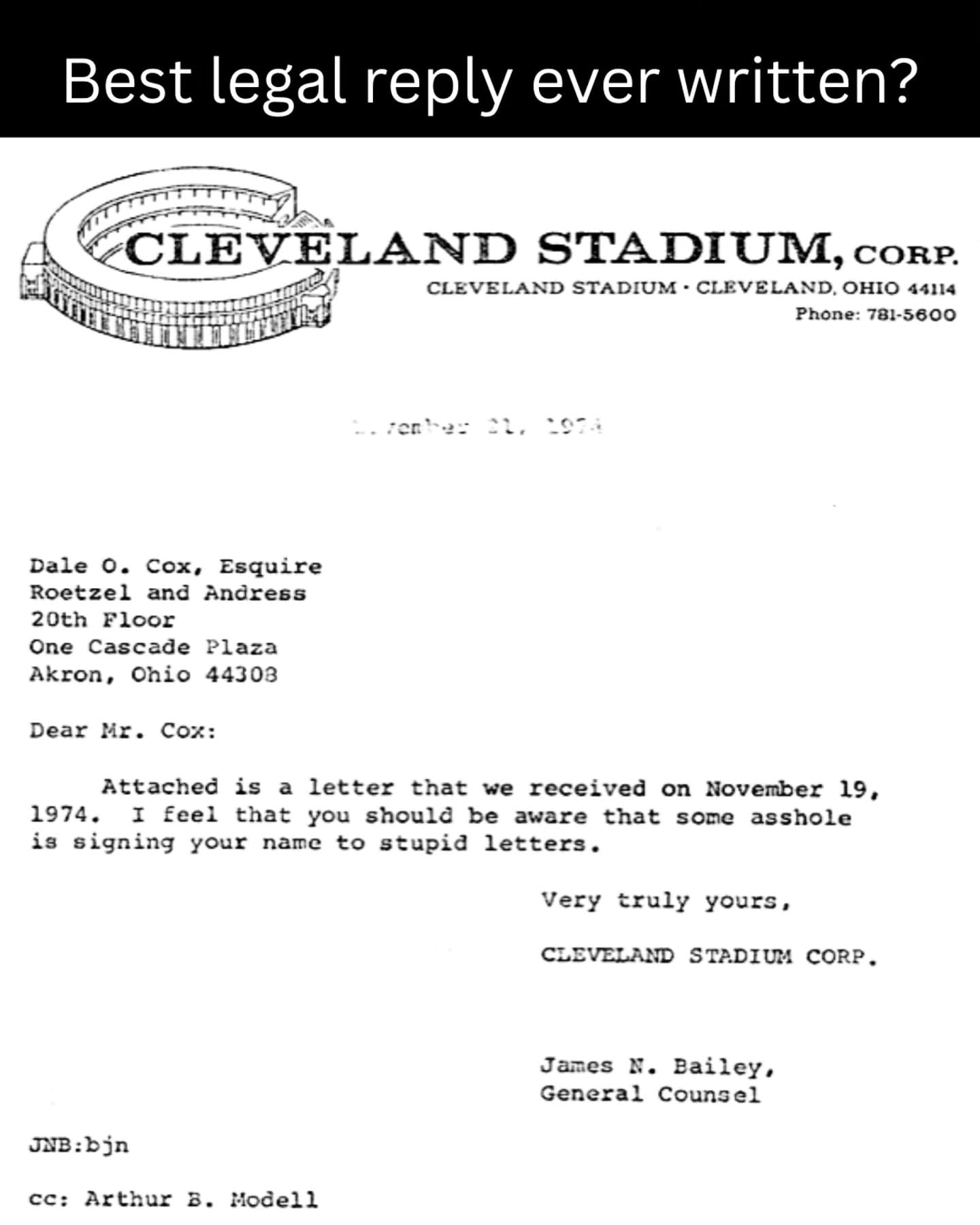 Famous 1974 legal letter from Cleveland Stadium Corp calling a lawyer's previous correspondence stupid.