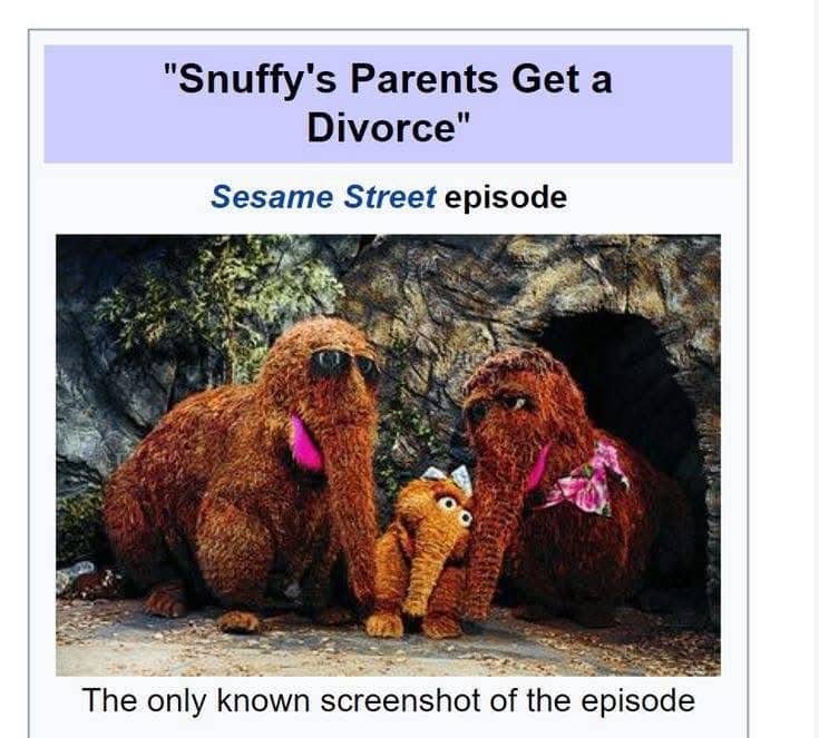 Fictional Sesame Street episode screenshot titled Snuffy's Parents Get a Divorce featuring three puppet characters.