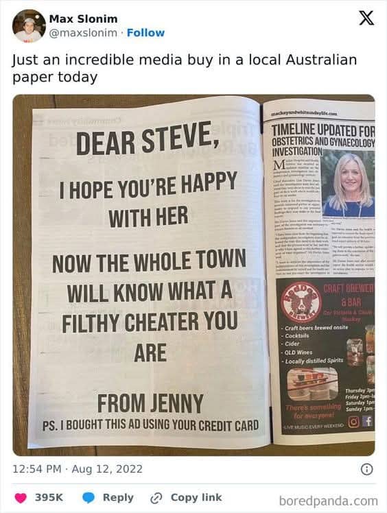 Full-page newspaper ad from Jenny calling out Steve as a filthy cheater using his credit card.