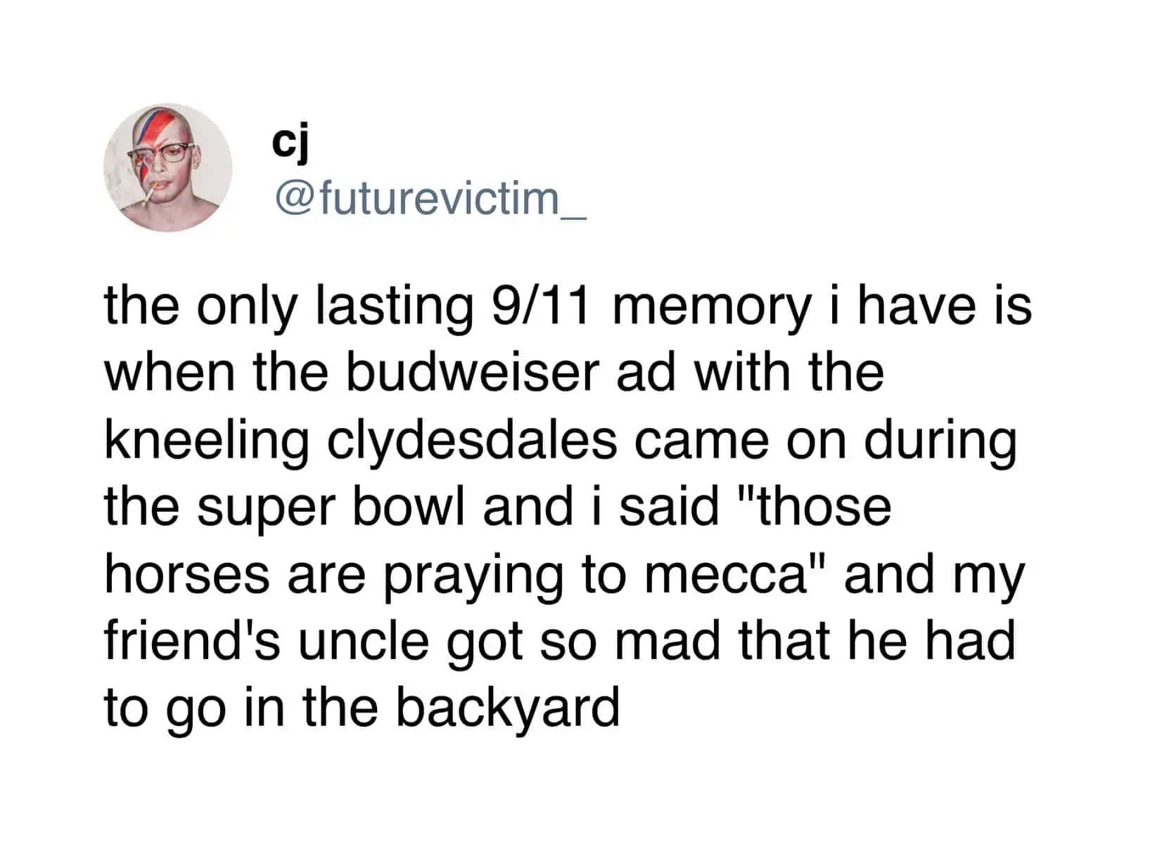 Funny social media post about a 9/11 memory involving kneeling Clydesdale horses and a friend's uncle.