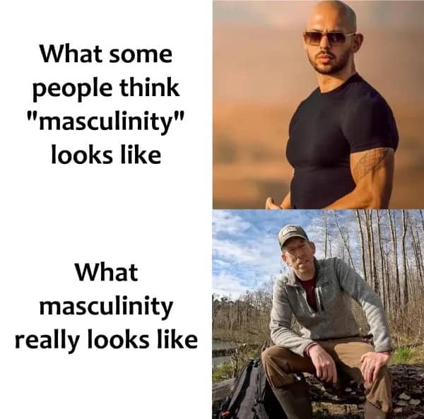 Funny masculinity meme comparing Andrew Tate with a man sitting outdoors in casual hiking gear.