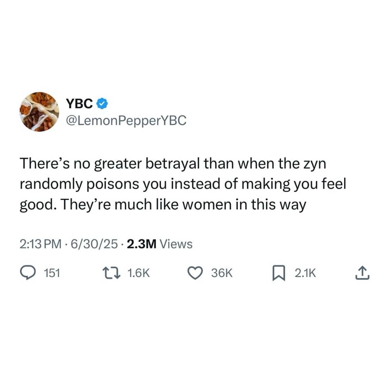 A text post about the betrayal of a nicotine pouch and an edgy comparison to women.