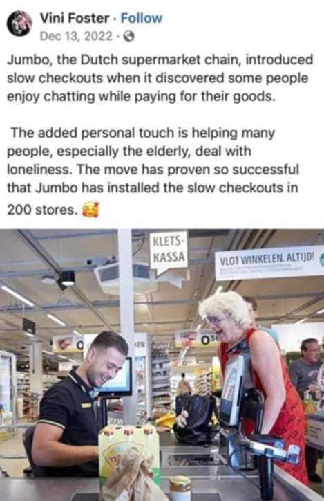 News snippet about Jumbo supermarket's slow checkouts designed to help elderly customers combat loneliness through chatting.