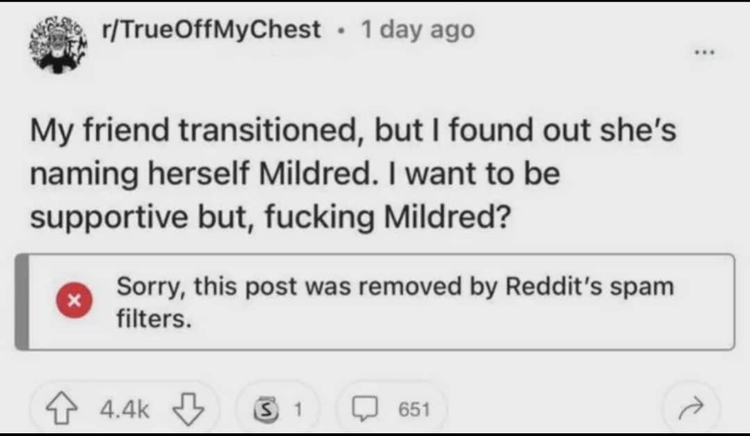 Screenshot of a Reddit post from TrueOffMyChest discussing a friend's choice of the name Mildred.