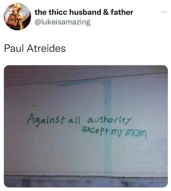 Dune Paul Atreides funny meme paired with graffiti reading "against all authority except my mom"