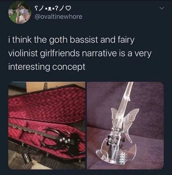 Twitter post showcasing a spiky black gothic bass guitar and a transparent butterfly-shaped fairy violin.
