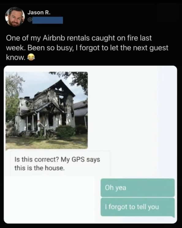 Text conversation between a guest and Airbnb host showing a photo of a burnt-down rental house.