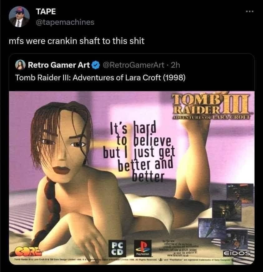 Retro video game advertisement for Tomb Raider III featuring Lara Croft with a humorous caption.