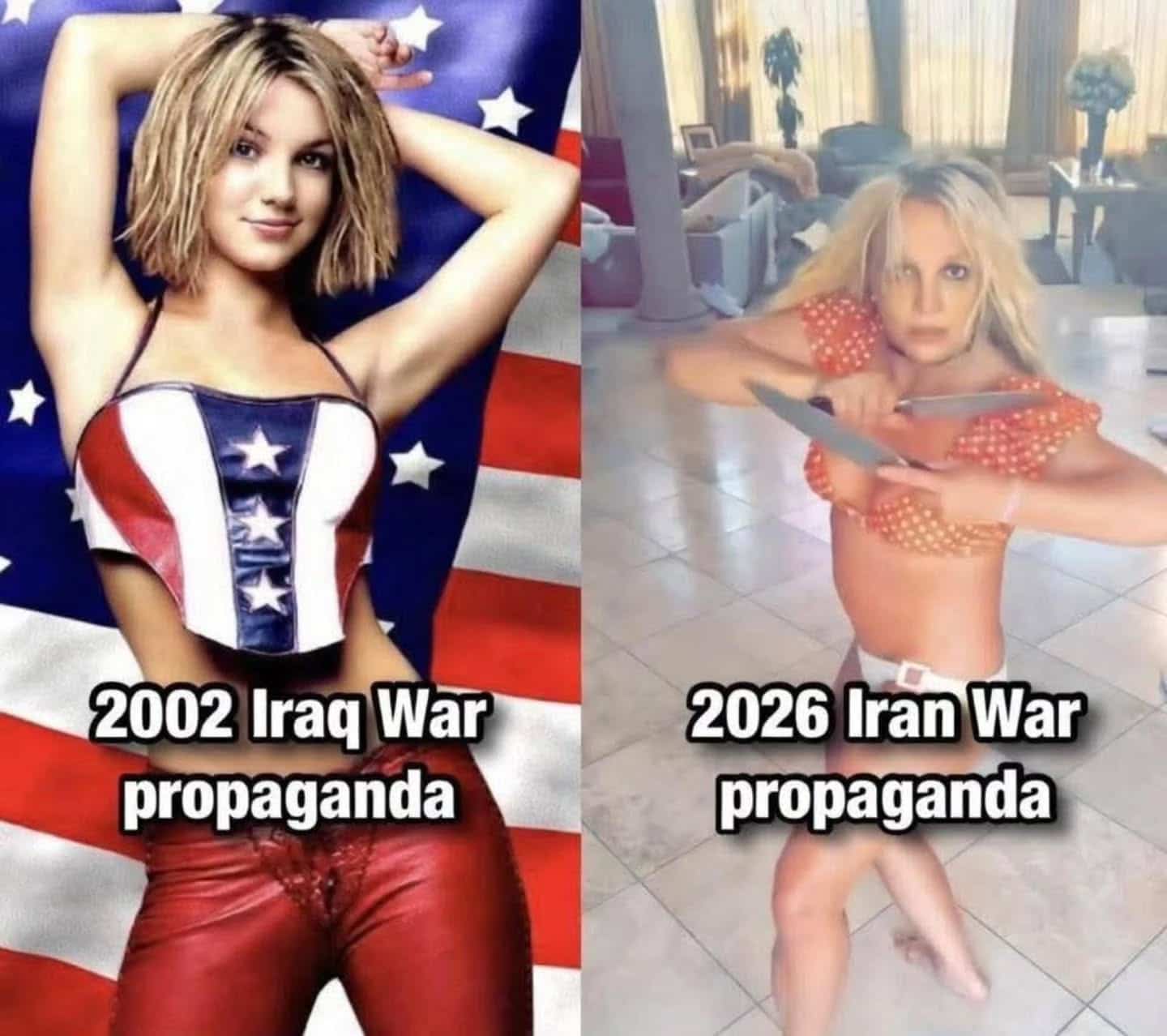 Side-by-side comparison meme of Britney Spears images labeled as war propaganda from 2002 and 2026.