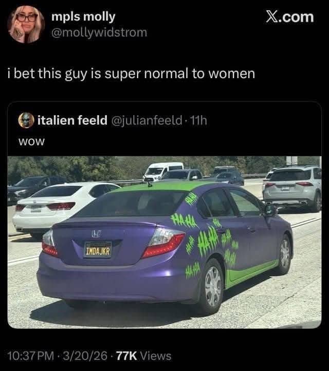 A purple and green Honda Civic themed after the Joker with a custom license plate.