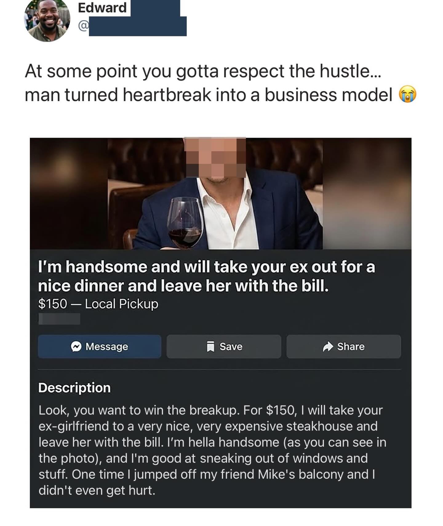 Facebook Marketplace ad for a man offering to take an ex to dinner and leave the bill.