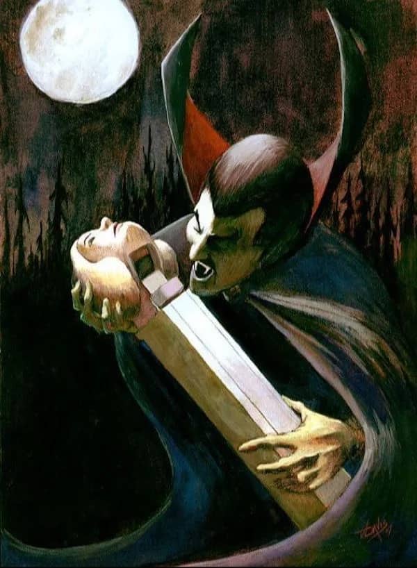 Creative illustration of a vampire biting into a giant Pez dispenser shaped like a human neck.