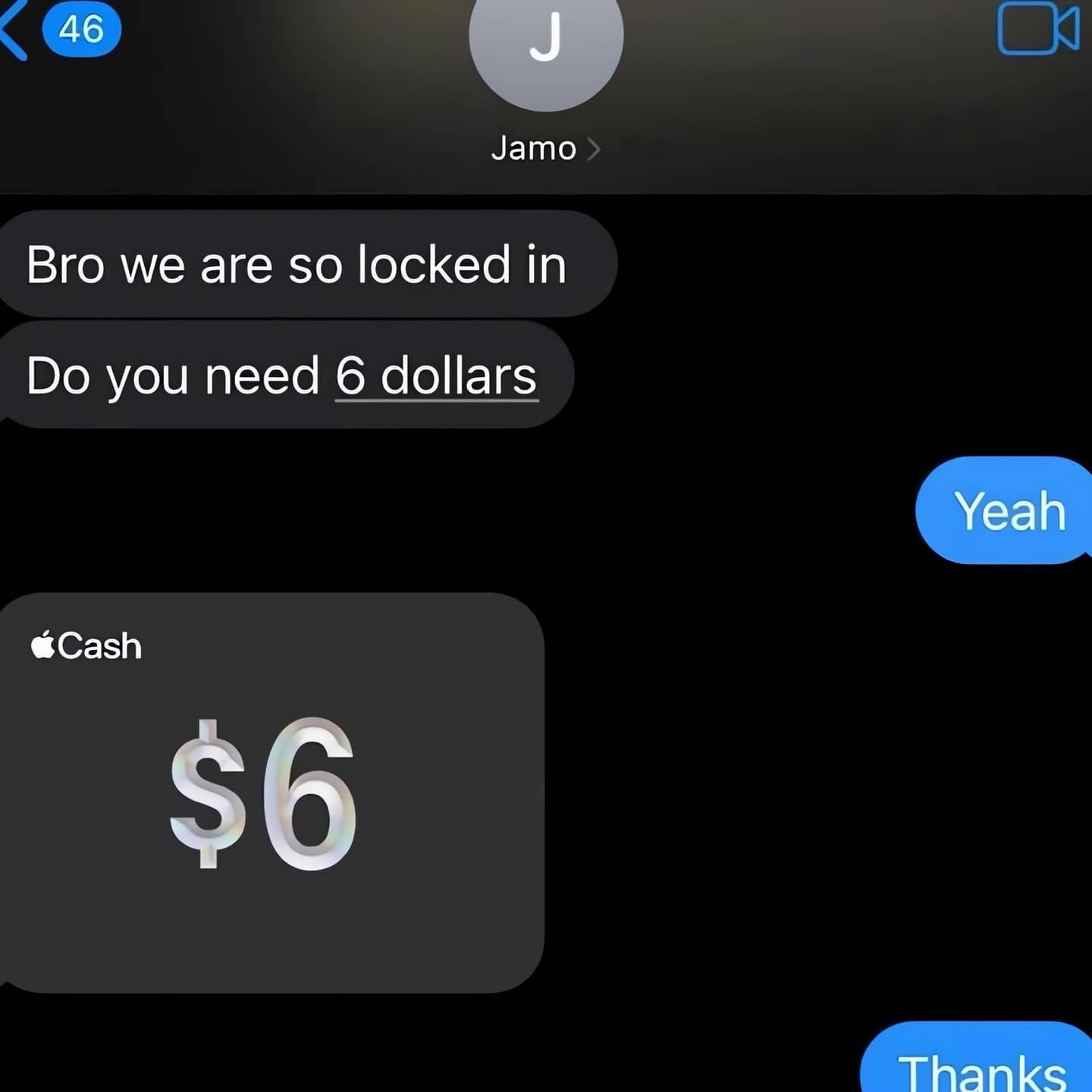 A text conversation where one person sends another person six dollars via Apple Cash.