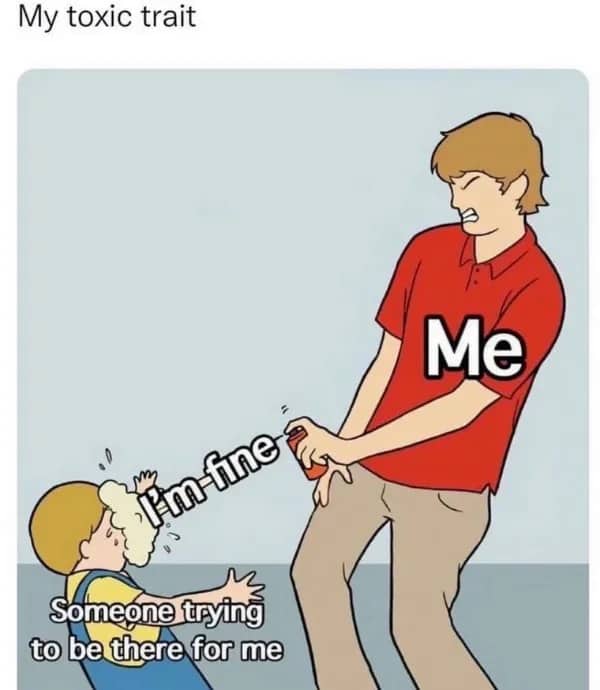 Comic illustration of a man spraying a child with "I'm fine" spray as a toxic trait.