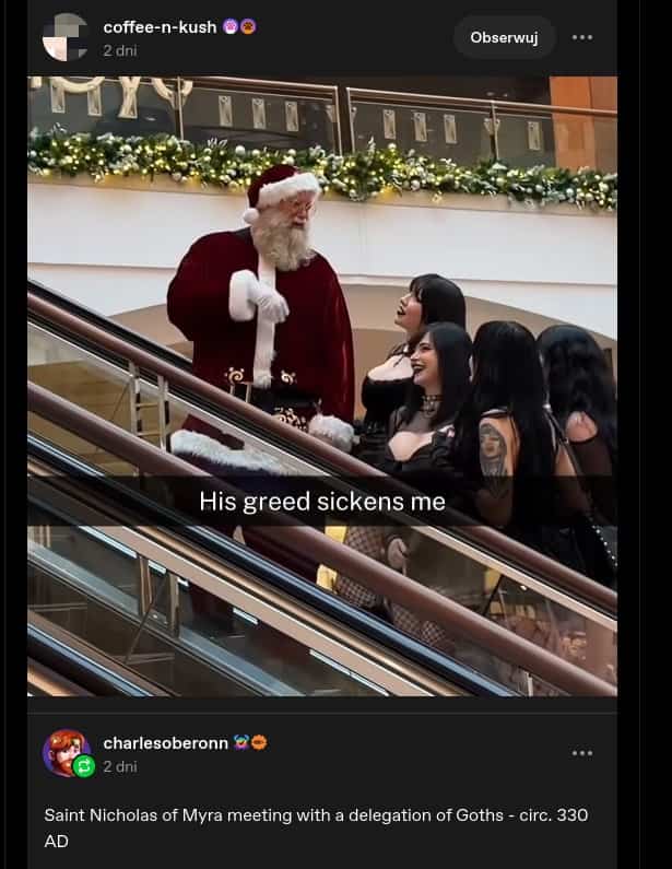 Santa Claus on an escalator talking to a group of women dressed in goth fashion.