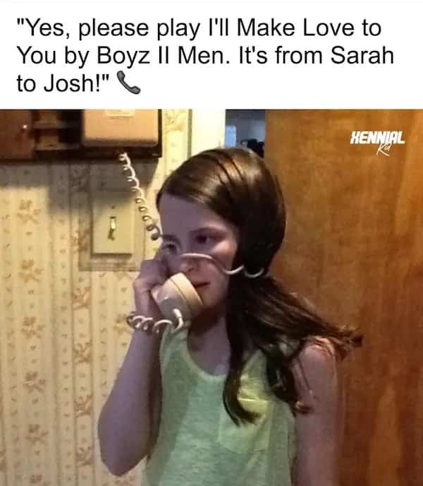 Young girl on a vintage corded phone requesting a romantic Boyz II Men song for a crush.