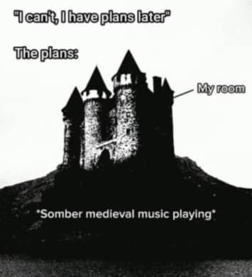 Dark silhouette of a medieval castle representing plans to stay in a room listening to music.