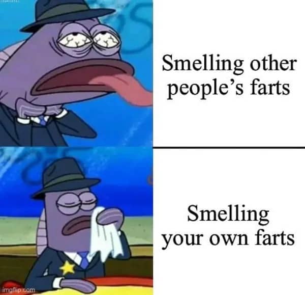 Two-panel meme showing a character disgusted by others' farts but refined and sophisticated when smelling their own.