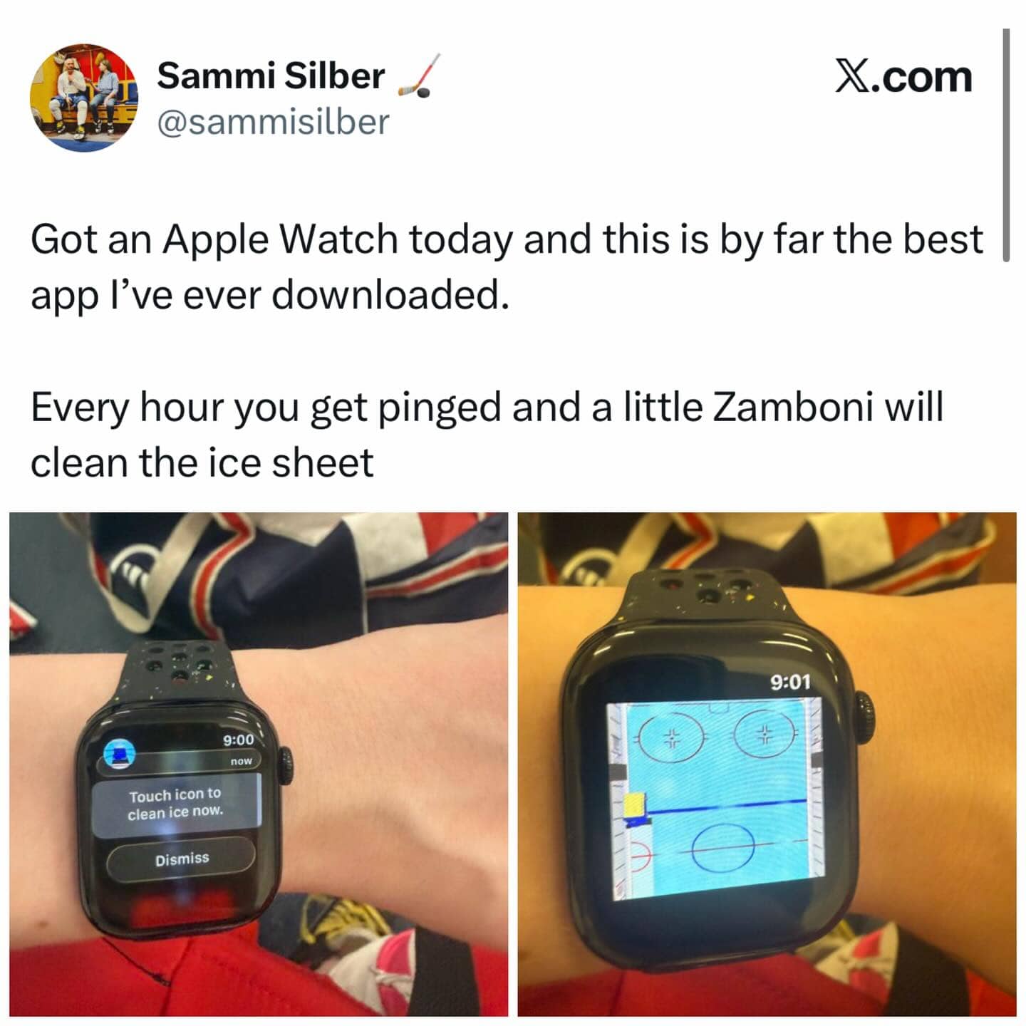 A person wearing an Apple Watch with an app that shows a Zamboni cleaning ice.