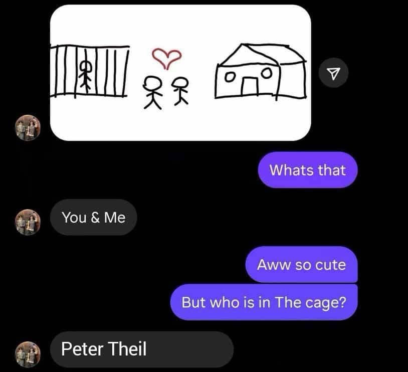 Funny text conversation with a stick figure drawing about putting Peter Thiel in a cage.