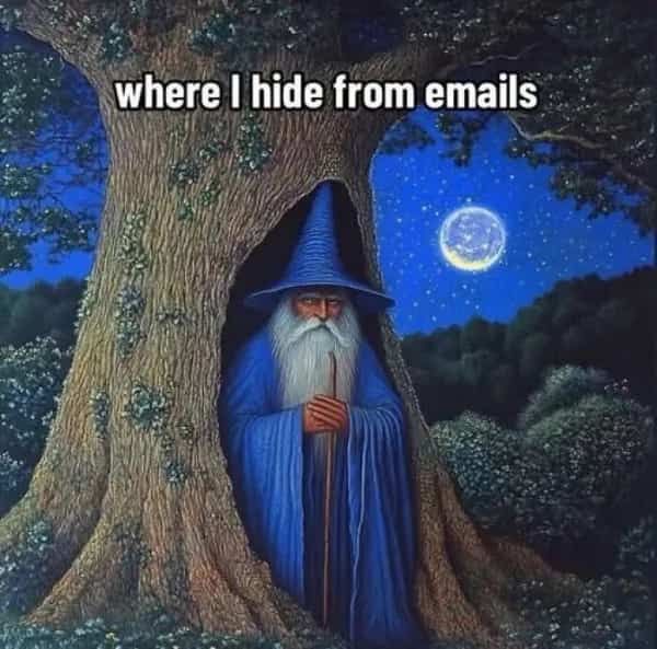 Blue wizard hiding in tree at night, where I hide from emails